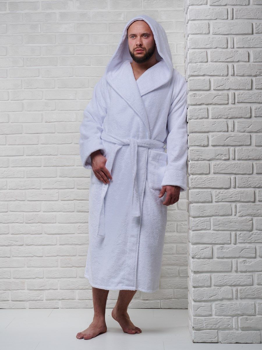 снимок Халат мужской махровый PandaHug с капюшоном, белый от магазина BIO-TEXTILES ОПТ