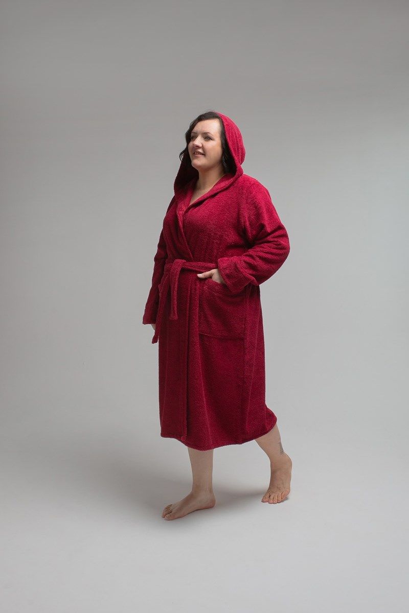 снимок Халат махровый женский с капюшоном бордовый 60-62, 64-66 от магазина BIO-TEXTILES ОПТ