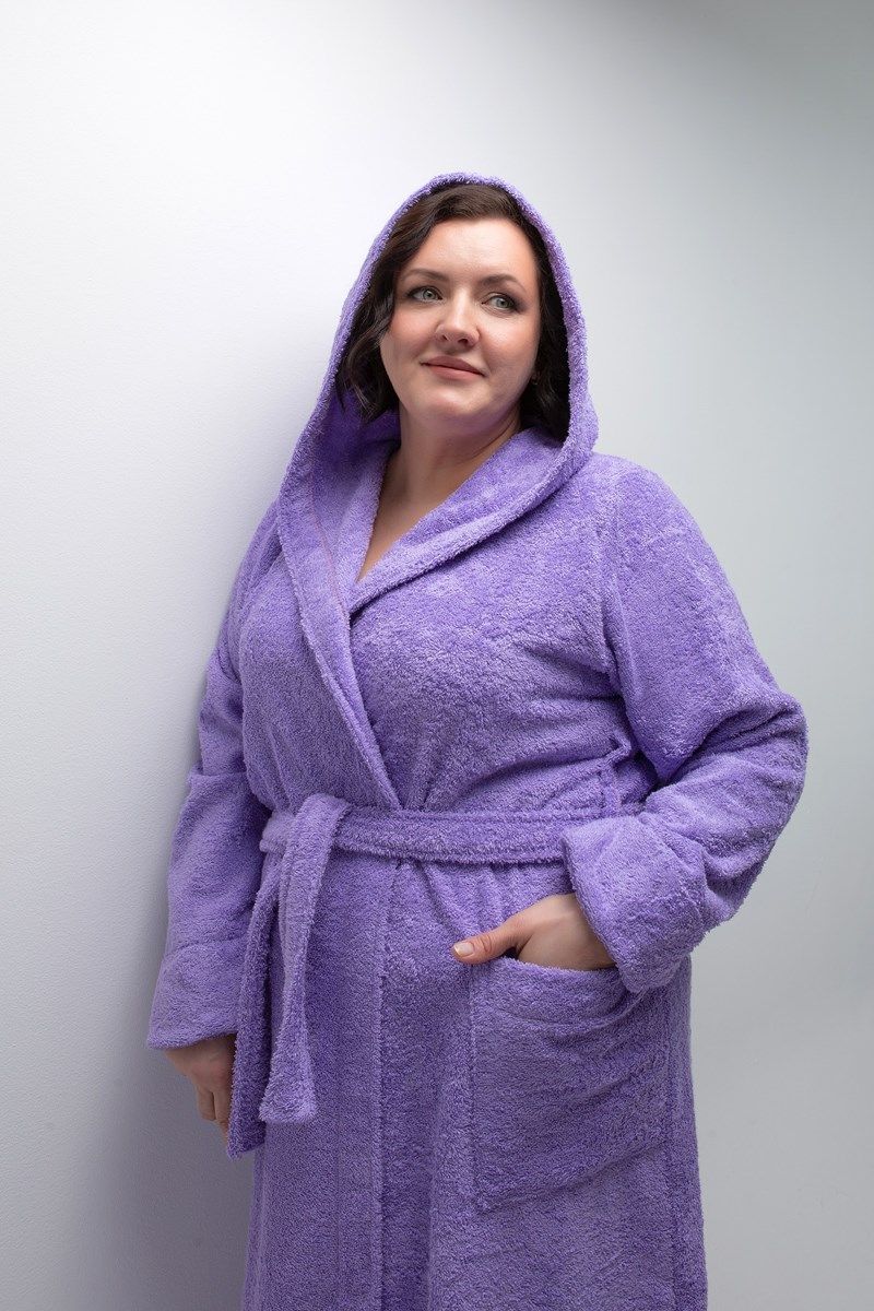 снимок Халат махровый женский с капюшоном сиреневый 60-62, 64-66 от магазина BIO-TEXTILES ОПТ